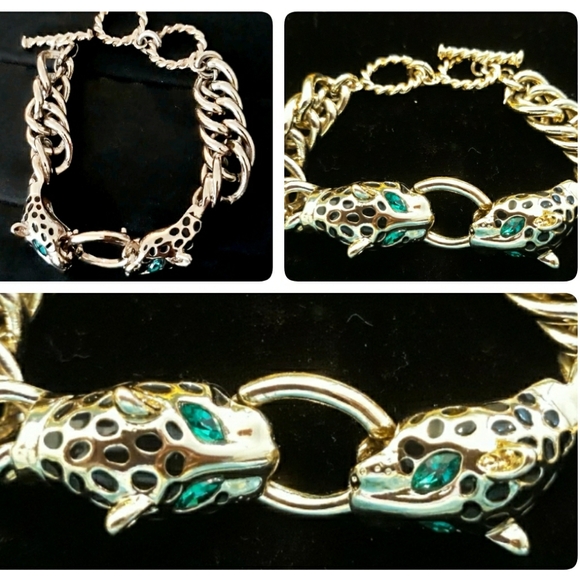 Vintage Double Leopard Head with Green Rhinestone Eyes Chunky Chain Bracelet - Picture 15 of 15